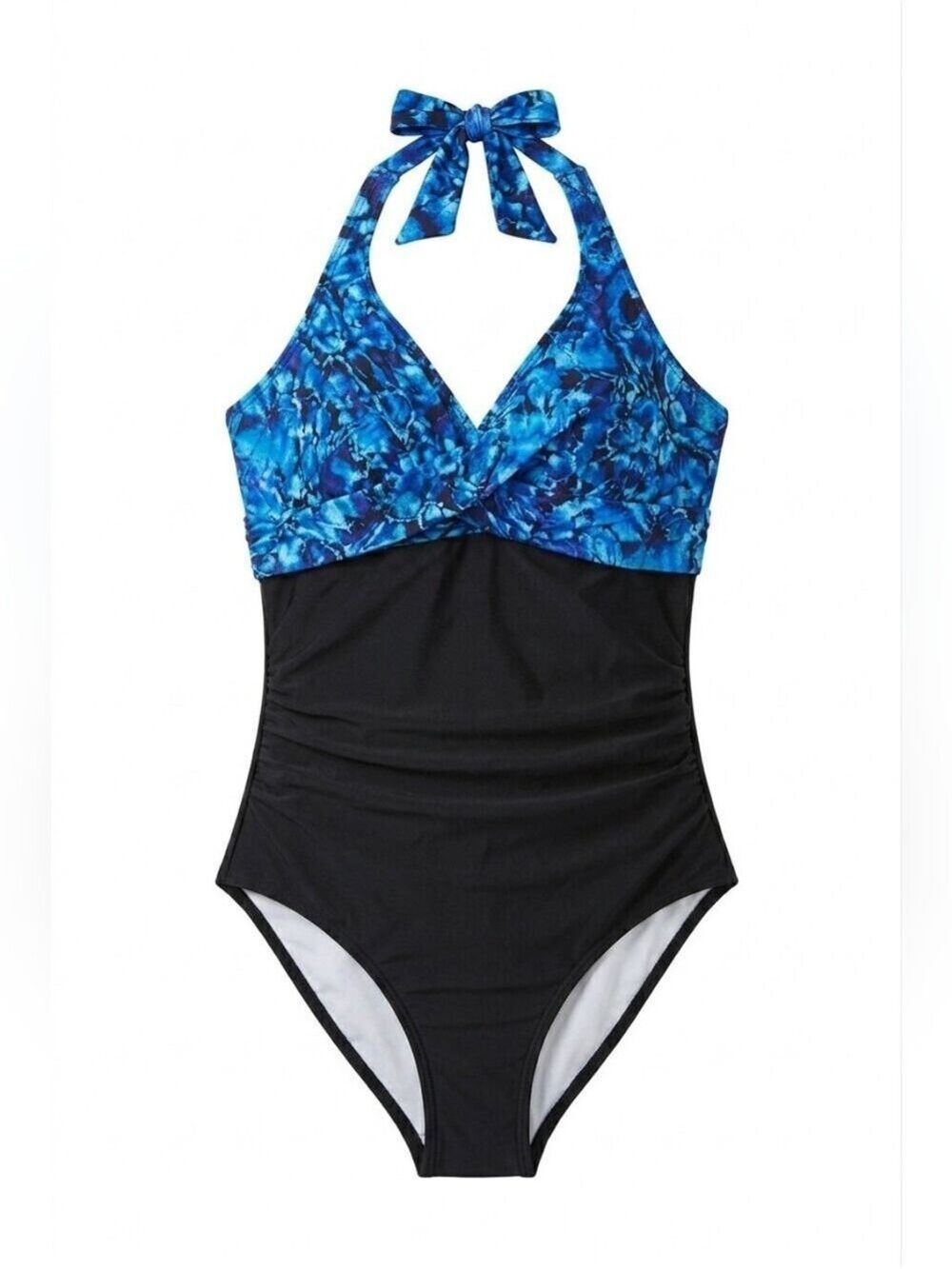 Black and Blue Floral Halter Style Swimsuit, XL, New In Bag